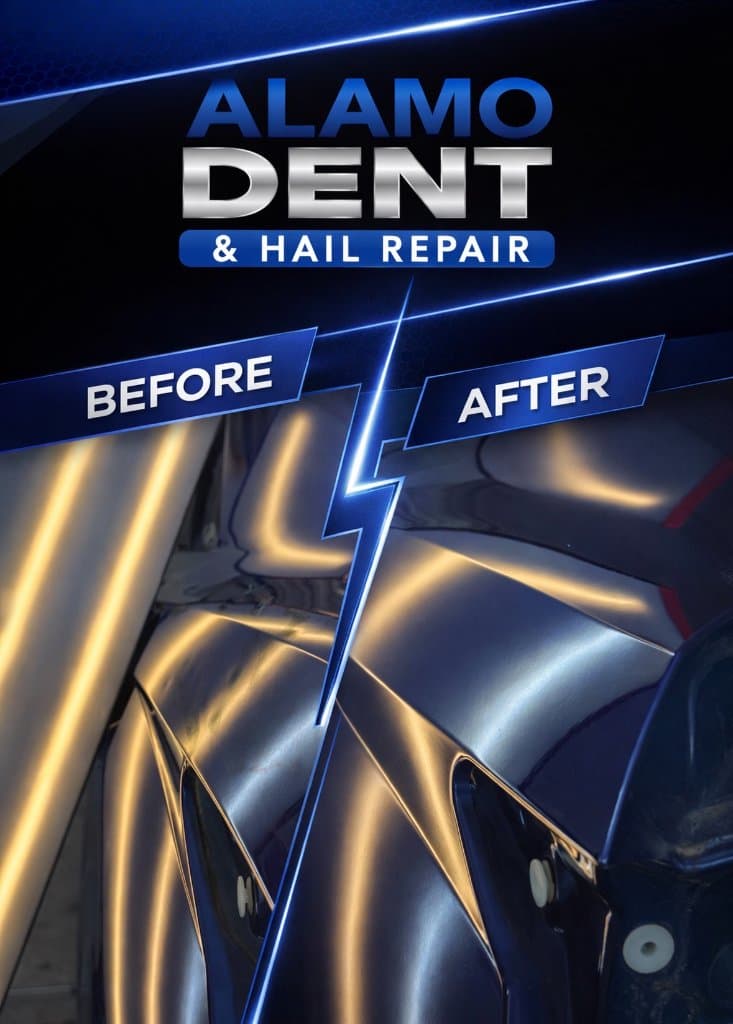 Dark painted panel under raking light showing a finished repair with no high spots visible in the reflection