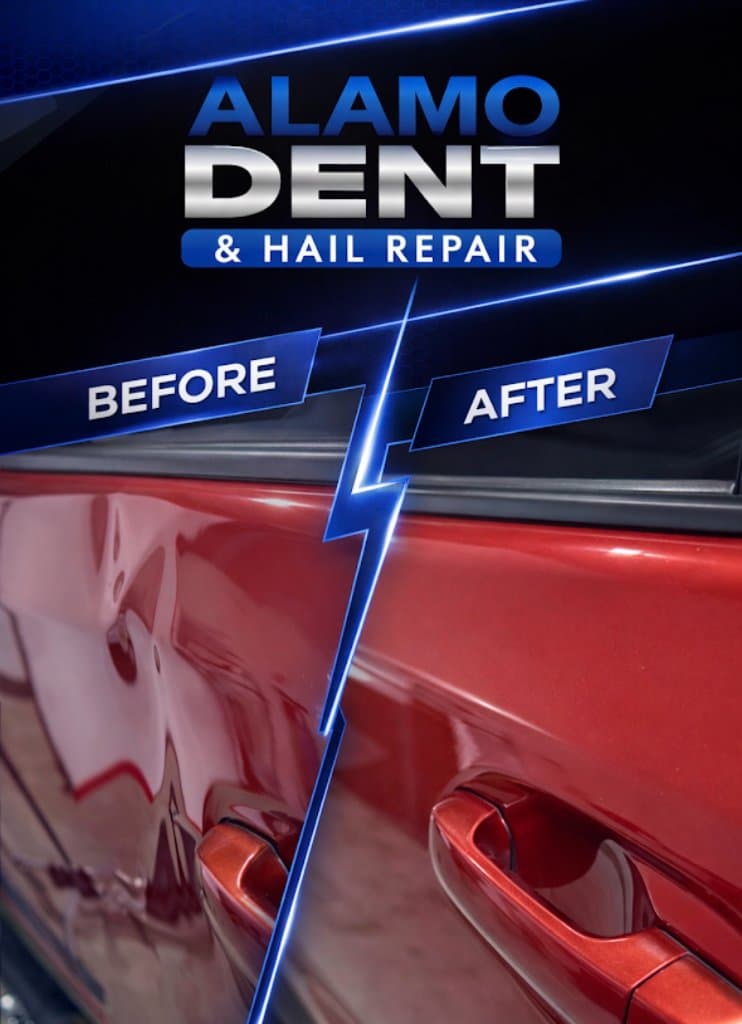 Red car door after a dent was worked out from behind the panel, with the factory paint and body line intact