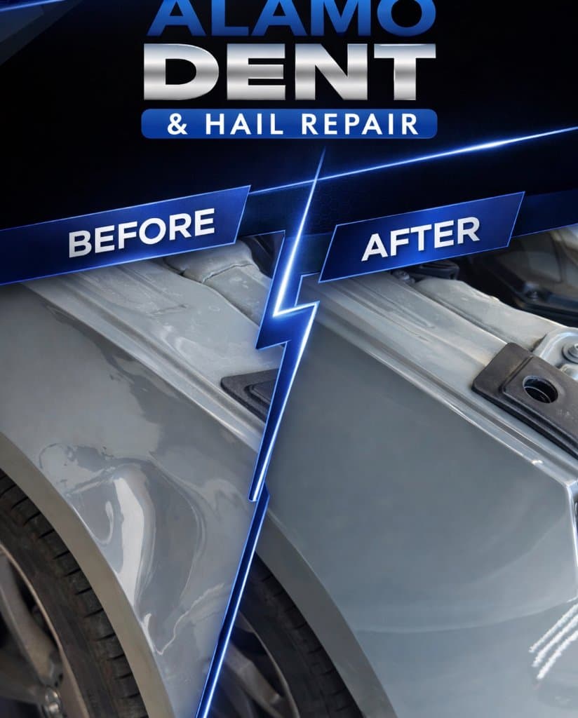 Silver vehicle panel photographed under a reflector board after paintless dent repair, the surface reading flat with no filler or respray